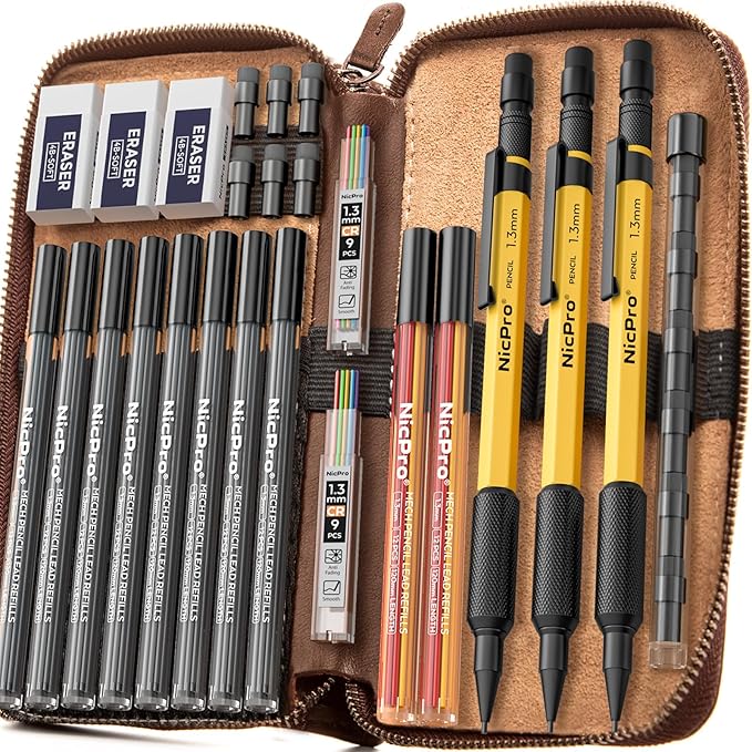 Nicpro 21PCS 1.3 mm Mechanical Pencil Set in Leather Bag by Nicpro