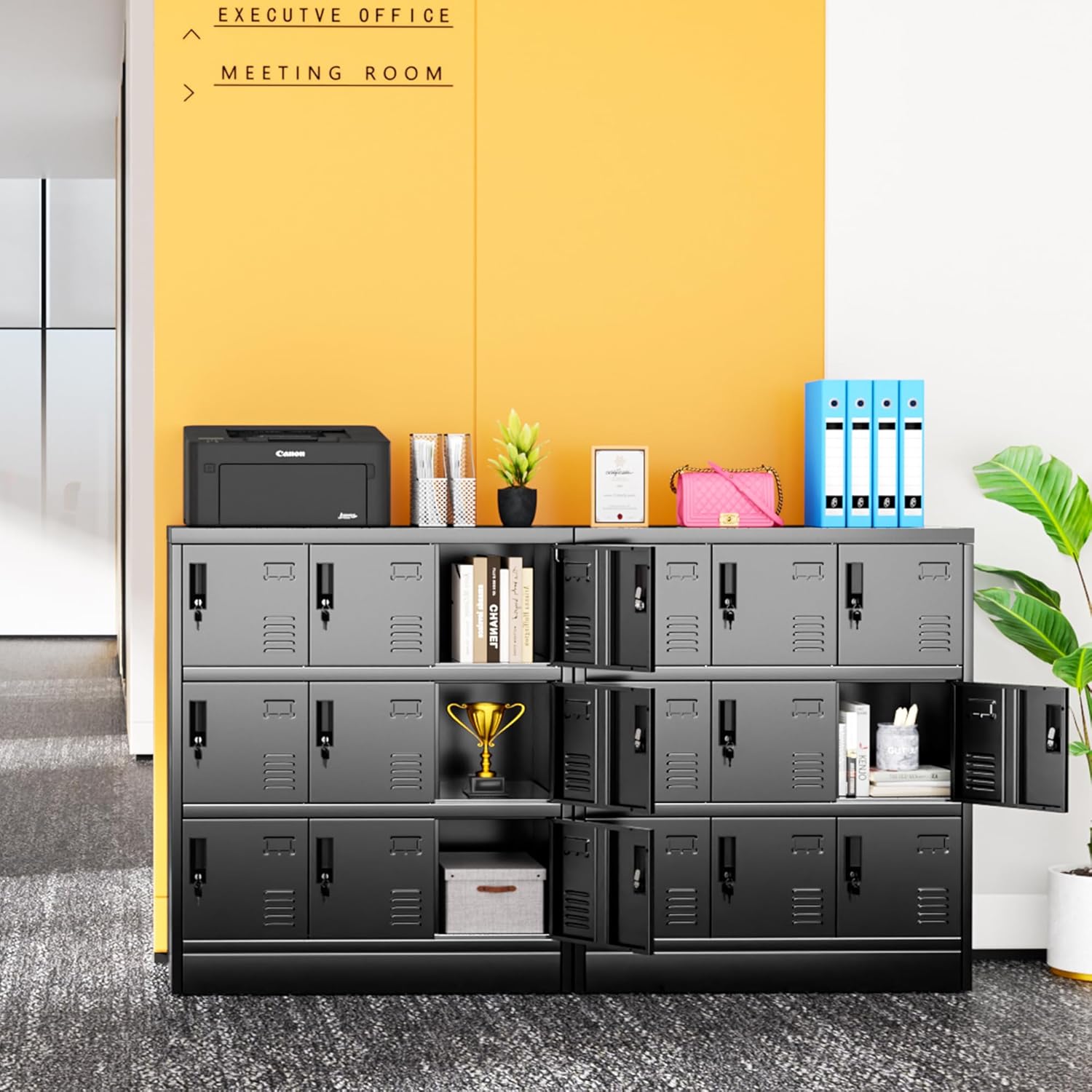 9 Door Metal Lockers for Employees, Black Lockable Steel Locker with Lock and Card Slot for Office, Gym, School, Home, Garage, Assembly Required