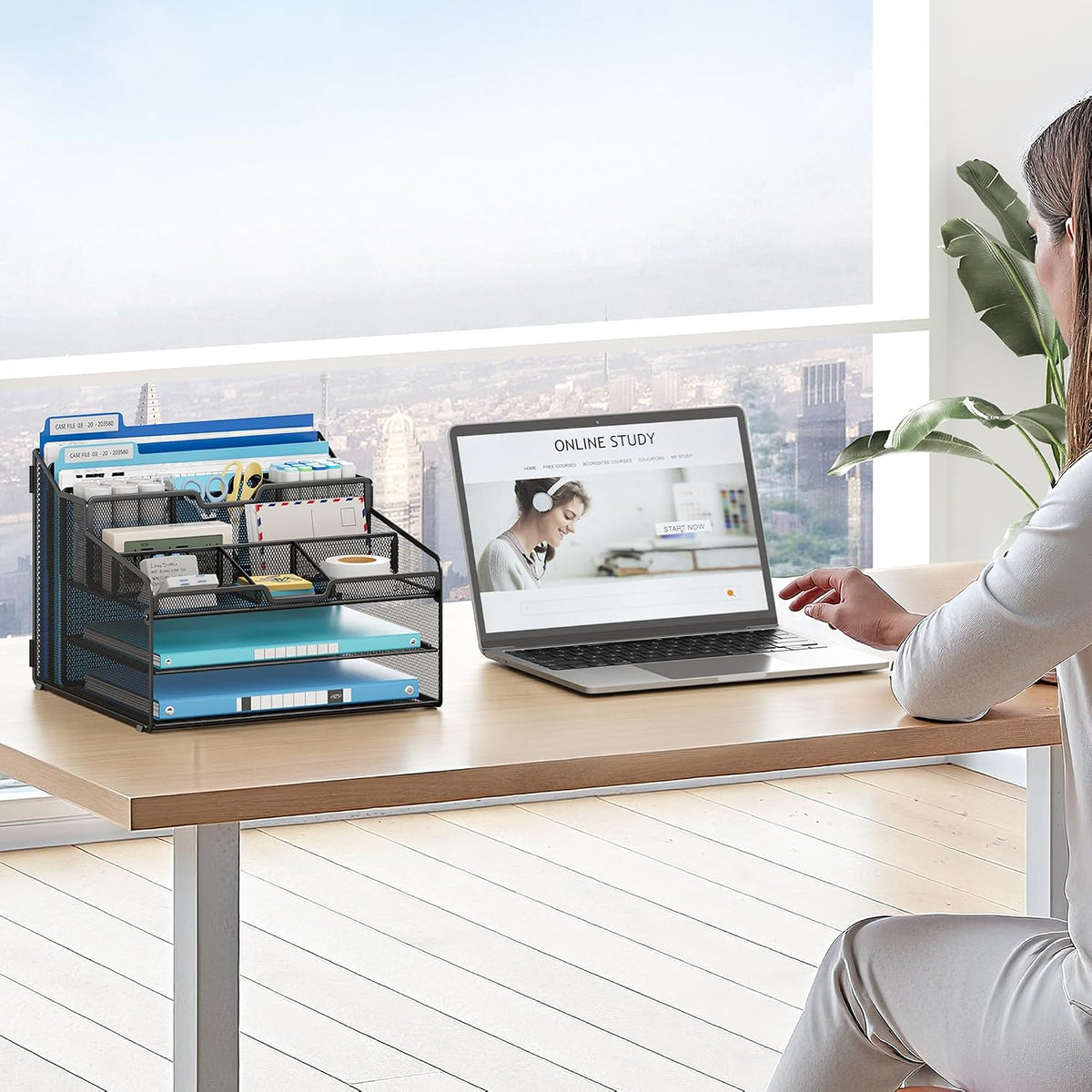 lavatino desk organizer - metal mesh with 2, front angle view