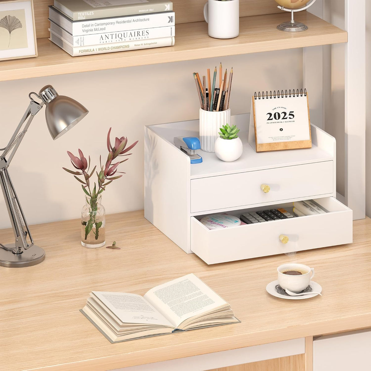 Wisuce Bamboo Desk Organizer with Drawers for Tabletop Storage (White with 2 ...