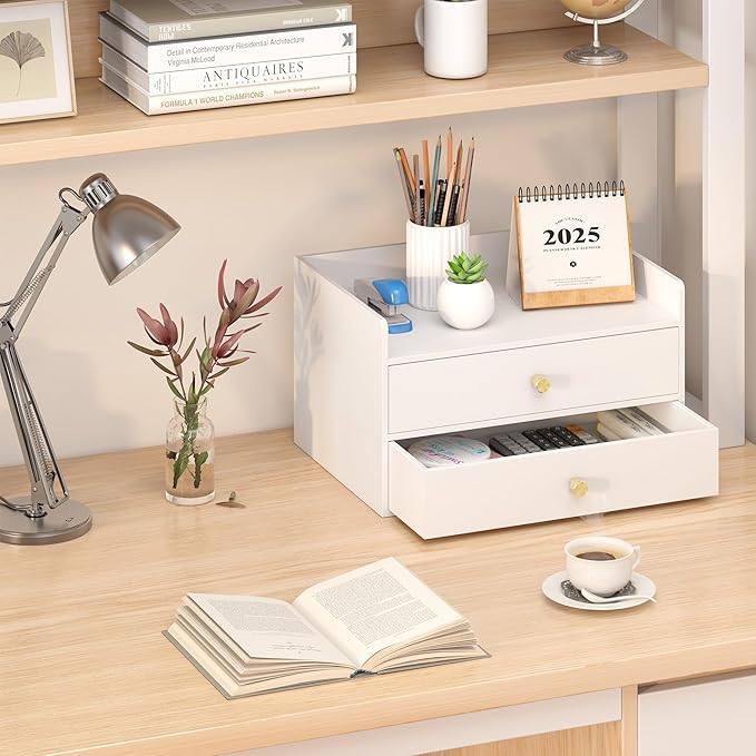 Bamboo Desk Organizer with Drawers Wooden Desktop Storage Drawers - Image 5