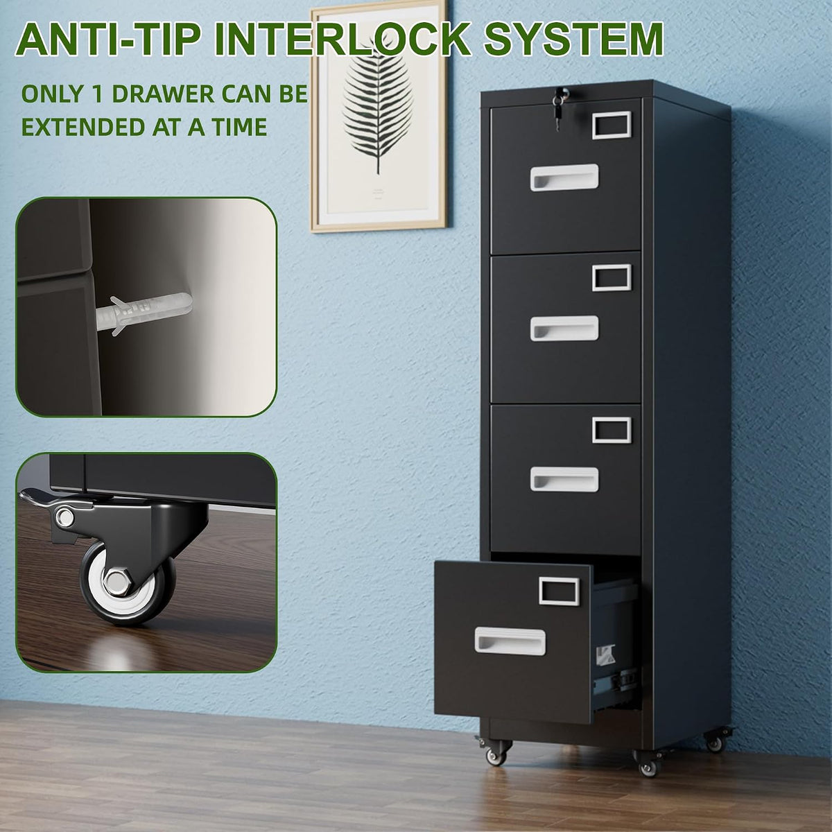 aobabo 4 drawer metal file cabinet with lock showing dimensions