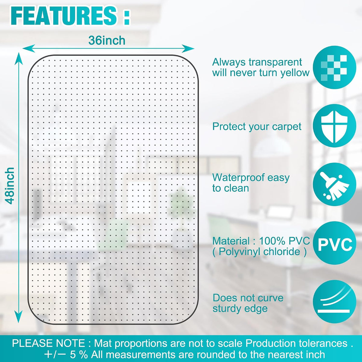 Office Chair Mat for Carpets, 48"x 36" Heavy Duty Clear Plastic Flo...