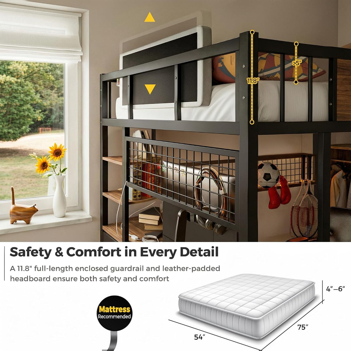 Kikihouse Loft Bed with Desk and Stairs, Headboard, Outlet (Black, Full)