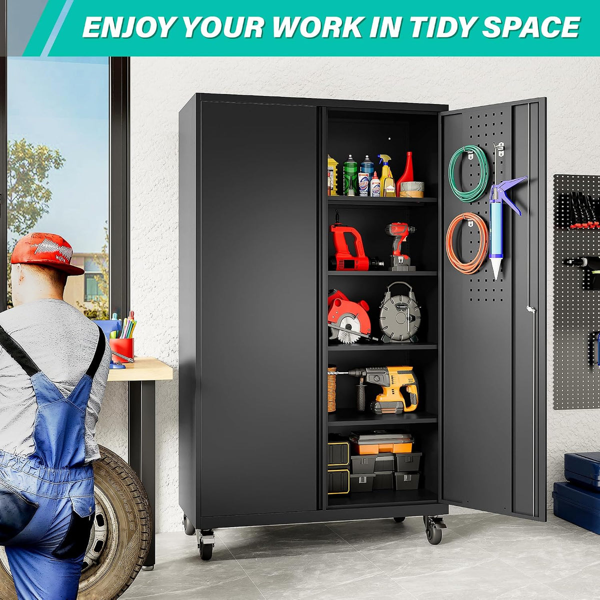 sisesol wide & deep metal storage cabinet with, close-up detail