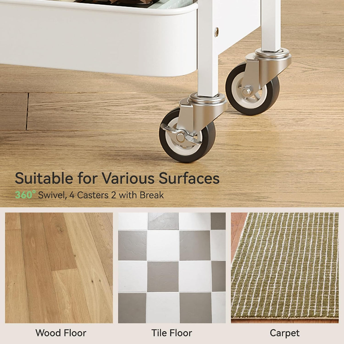 Nunsino Small 2 Tier Rolling Cart Under Desk Storage with Wheels,White