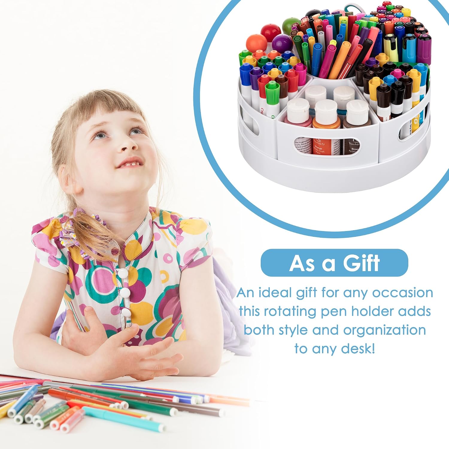 CraftGenes Rotating Art Supply Organizer, 7 Removable Compartments, White | Extra-large 360-degree desk caddy for markers, crayons and craft supplies, with 7 removable compartments and a non-slip base.