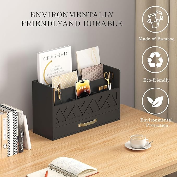 WISUCART Bamboo Mail Organizer Countertop Wood Desk Organizer Drawer Tabletop - Image 4