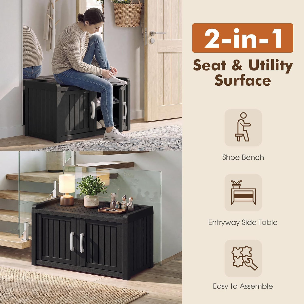 2-Tier Storage Bench, Waterproof UV-Resistant Outdoor Shoe Storage Cabinet wi...