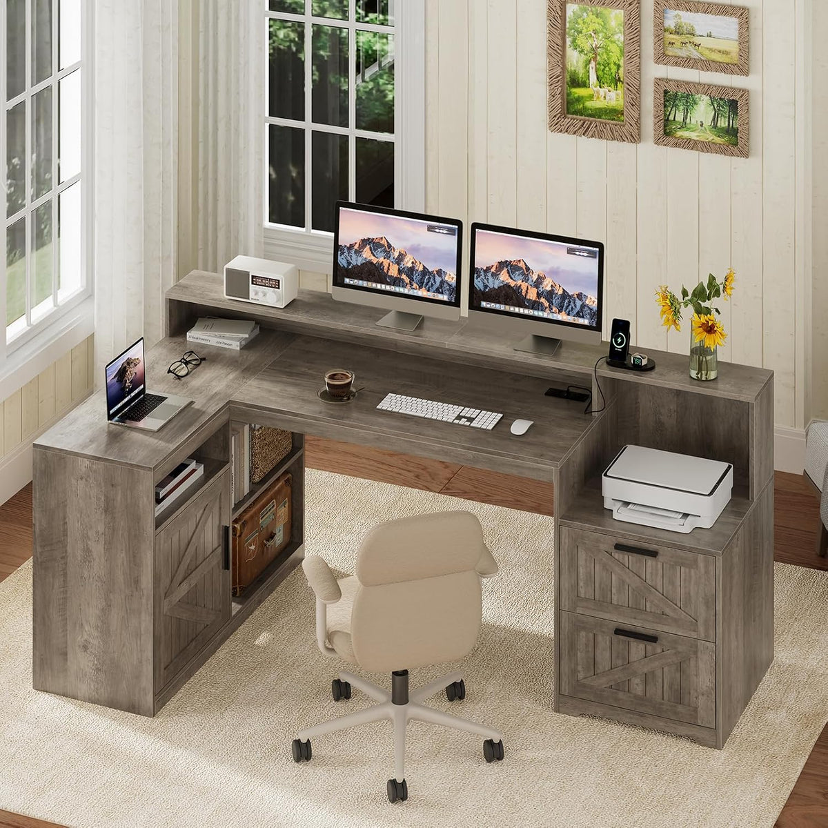 63" Farmhouse L Shaped Desk with Drawers and Printer Stand for Home Office