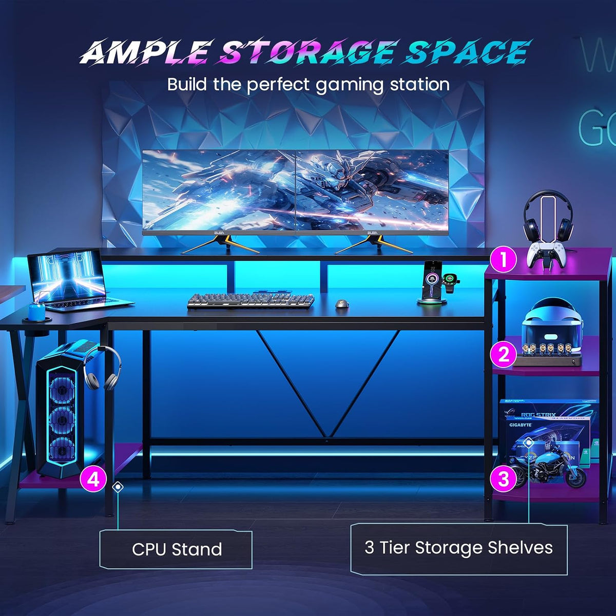 SEDETA Gaming Desk 70.8'' with LED Lights, Storage Shelves,Power Outlets