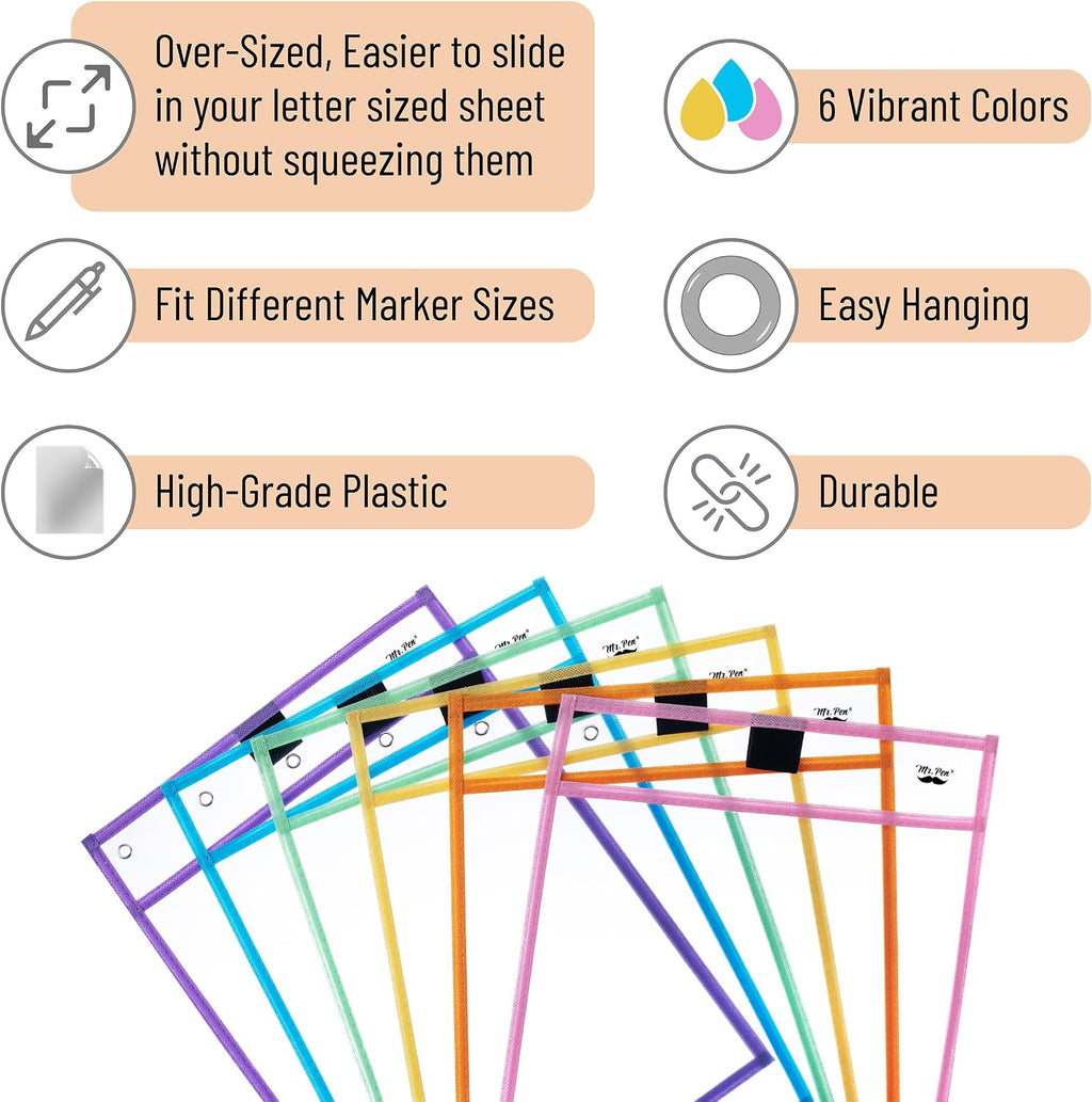 Mr. Pen- Reusable Dry Erase Pocket Sleeves, 10" x 14", 6 Pack, Colorful | Pastel Colors, Clear Plastic Paper Sleeves, Ticket Holders, Clear Plastic Sheet Protectors, Teacher, School