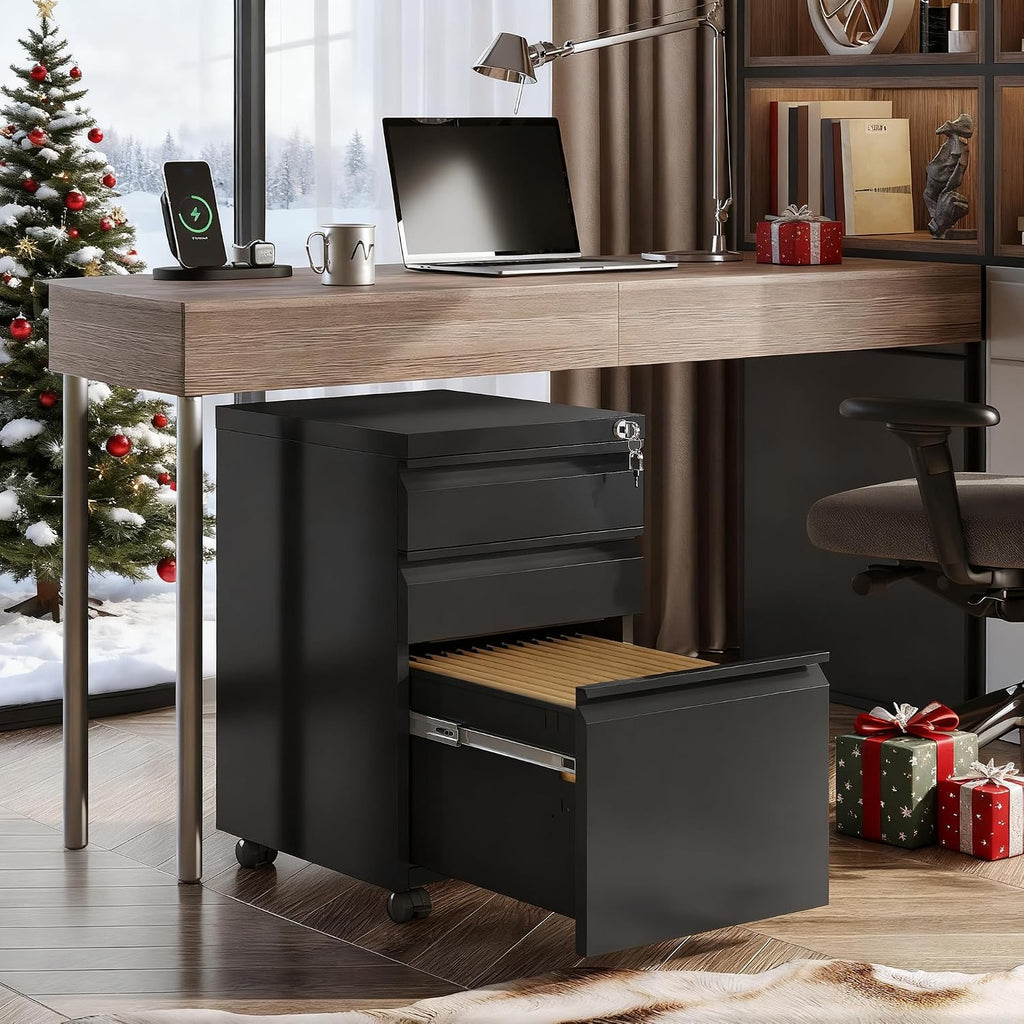 DEVAISE 3 Drawer File Cabinet with Lock, Fully Assembled Except Casters | Metal Filing Cabinet Under Desk for Home Office, Fits Letter/Legal/A4 Size, Black