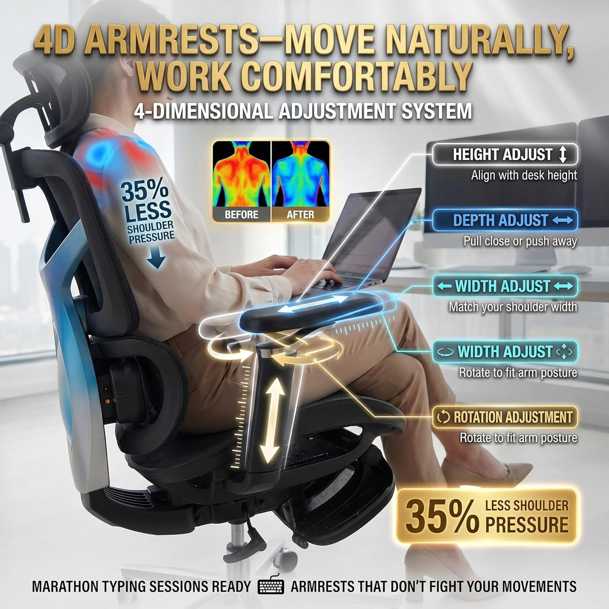 Ergonomic Office Chair with Footrest & 3D Massage Lumbar Support, Adjusta...