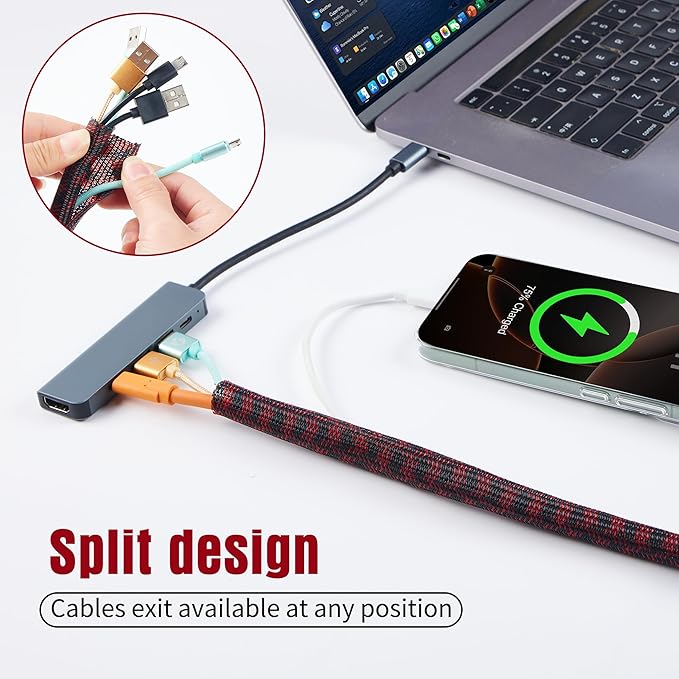QCSIW Split Cable Sleeve, 1/2 Inch 100ft Black Red Braided Wire Loom - Image 7