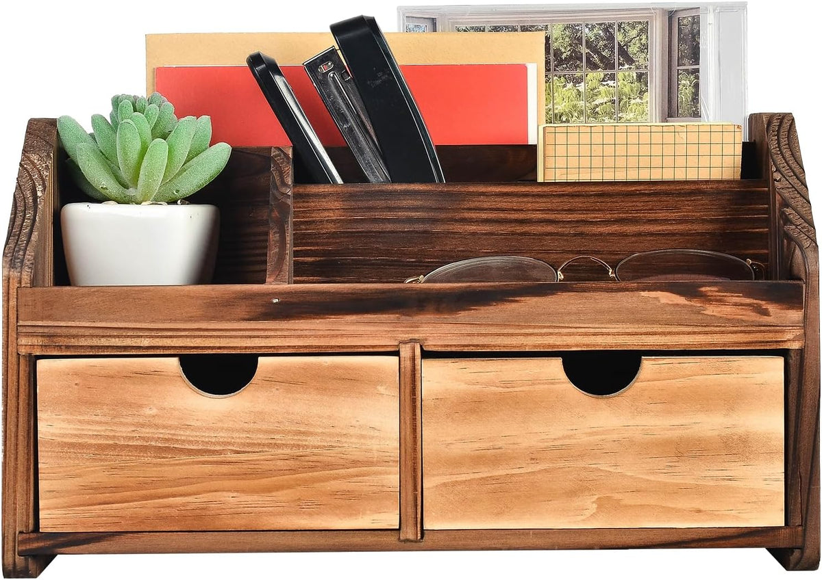 Rustic Torched Dark Brown Wood Desk Organizer Wooden Tabletop Stationery Hold...