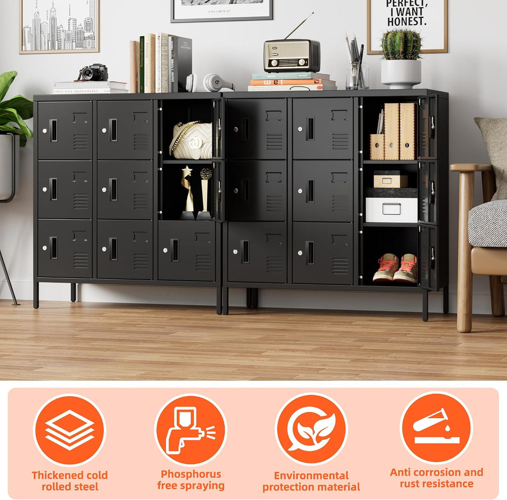 9-Door Metal Employee Locker with Keyed Locks and Raised Feet | 9 keyed compartments with name-card slots, ventilation and raised feet; 35.51"W x 15.79"D x 37.8"H. Assembly required.