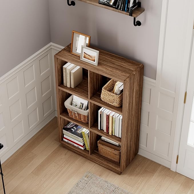 ChooChoo 3-Tier Bookshelf, 6 Cube Storage Organizer, Wooden Bookcase - Image 5
