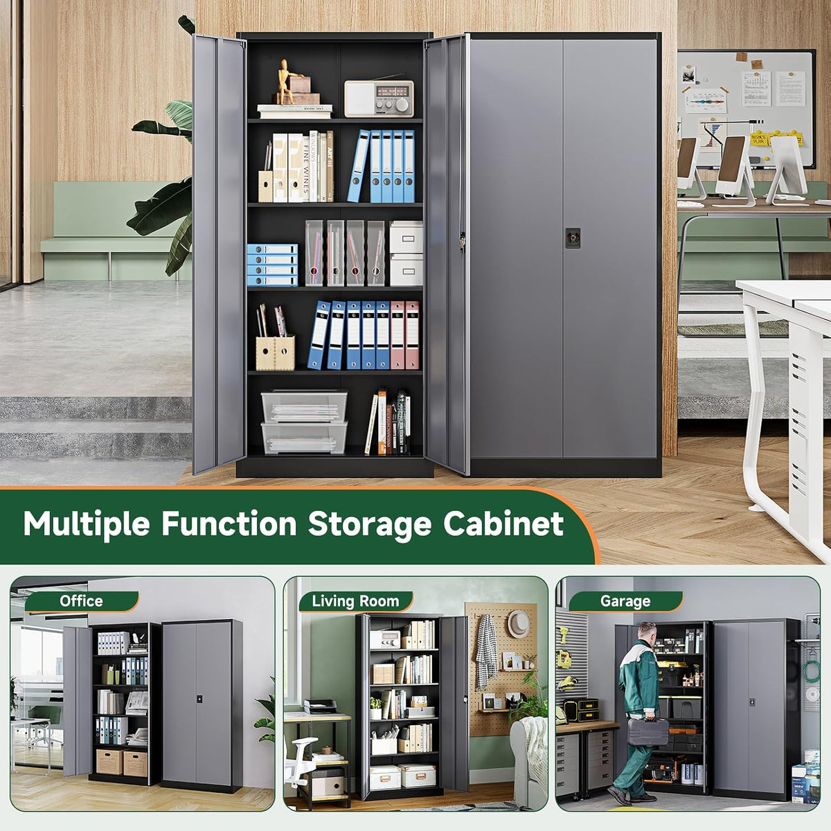 letaya metal garage storage cabinets with lock door, front angle view