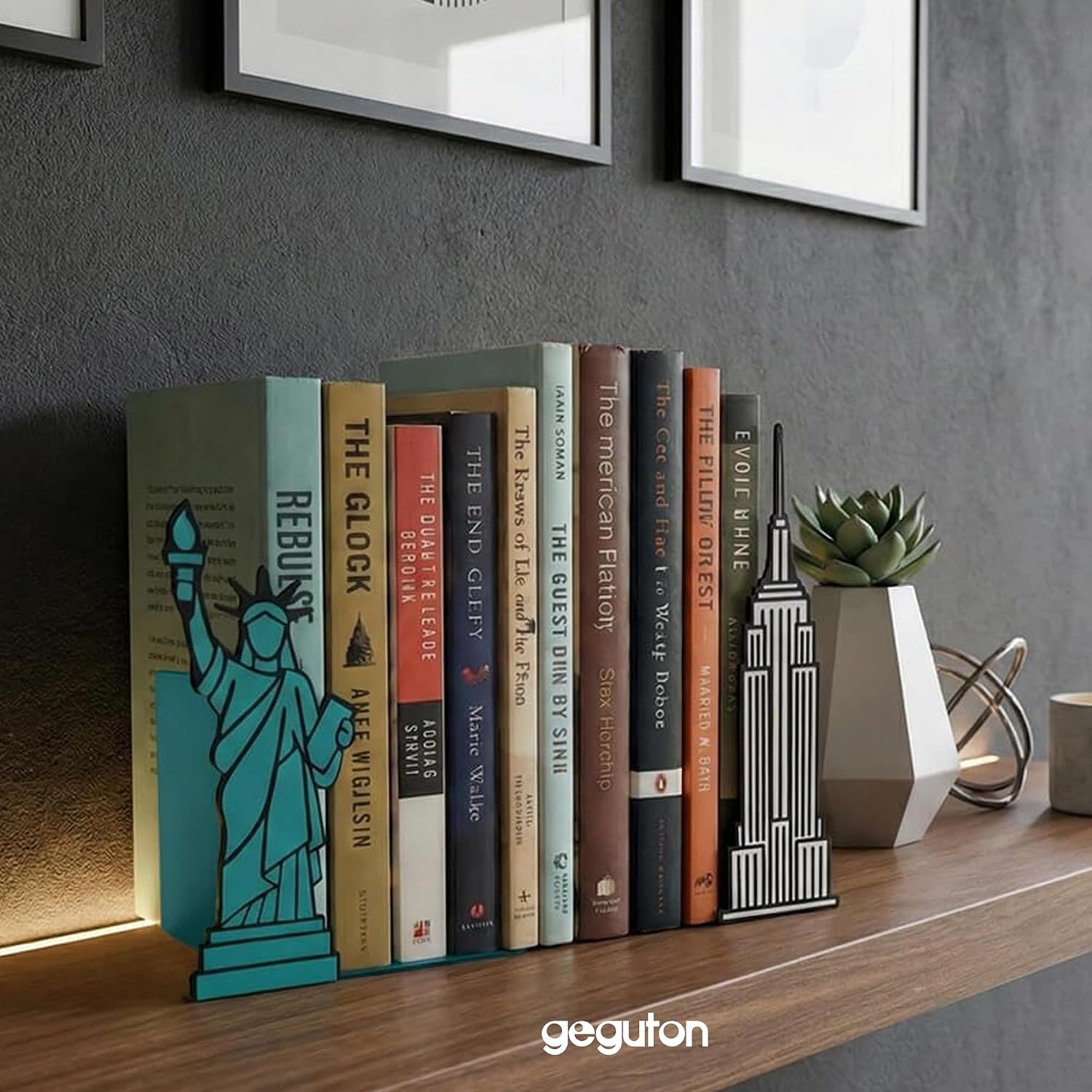 NYC Bookends with Statue of Liberty and Empire State Building Design - Steel with Epoxy Coating - Decorative Pair of Book Holders for Shelves, Desk, and Office - Geguton