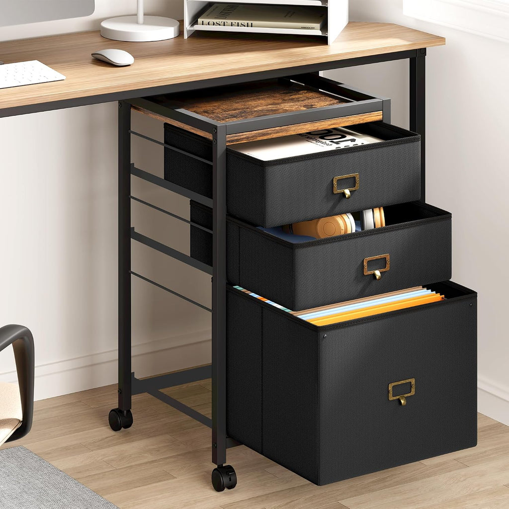GAOMON File Cabinet, Filing Cabinet with 3 Drawer, Mobile File Cabinet Fits Letter Size or A4, Fabric Vertical File Cabinet on Wheels, Home Office Small Under Desk Storage Cabinet, Black