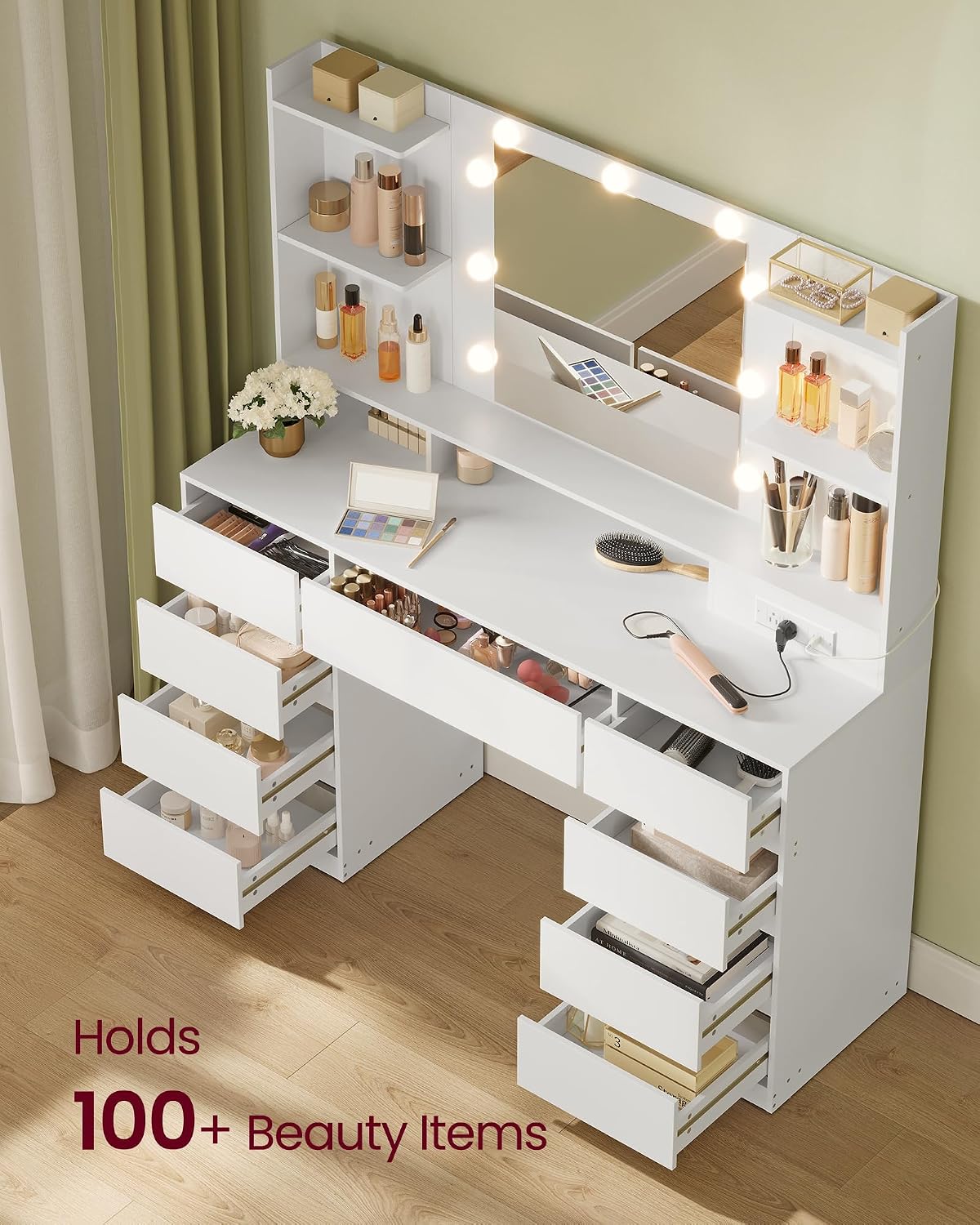 VASAGLE 43.3-Inch Vanity Desk with Mirror and Lights, 9 Drawers