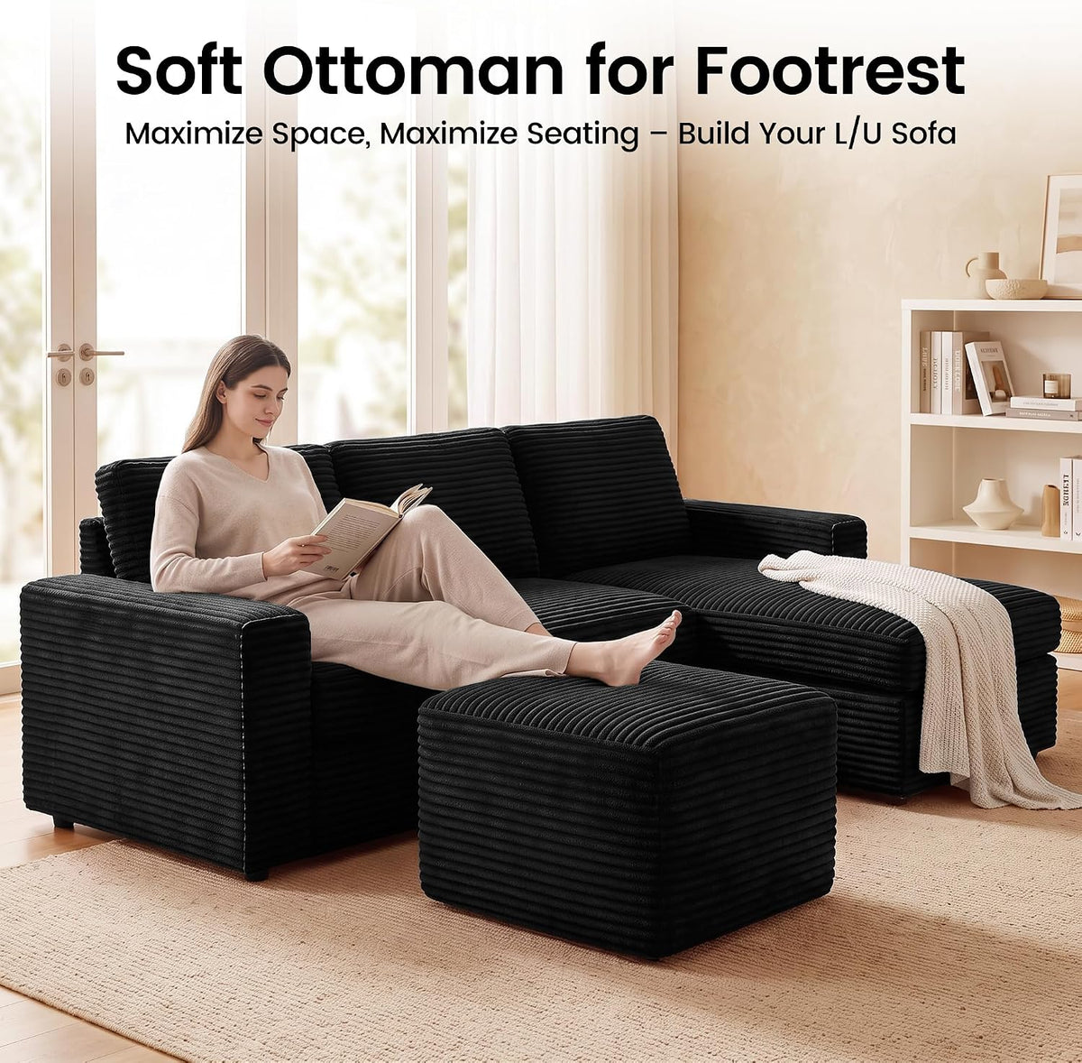 Boneless Ottoman, 27.6" Corduroy Ottoman Footrest for Boneless Couch, Black