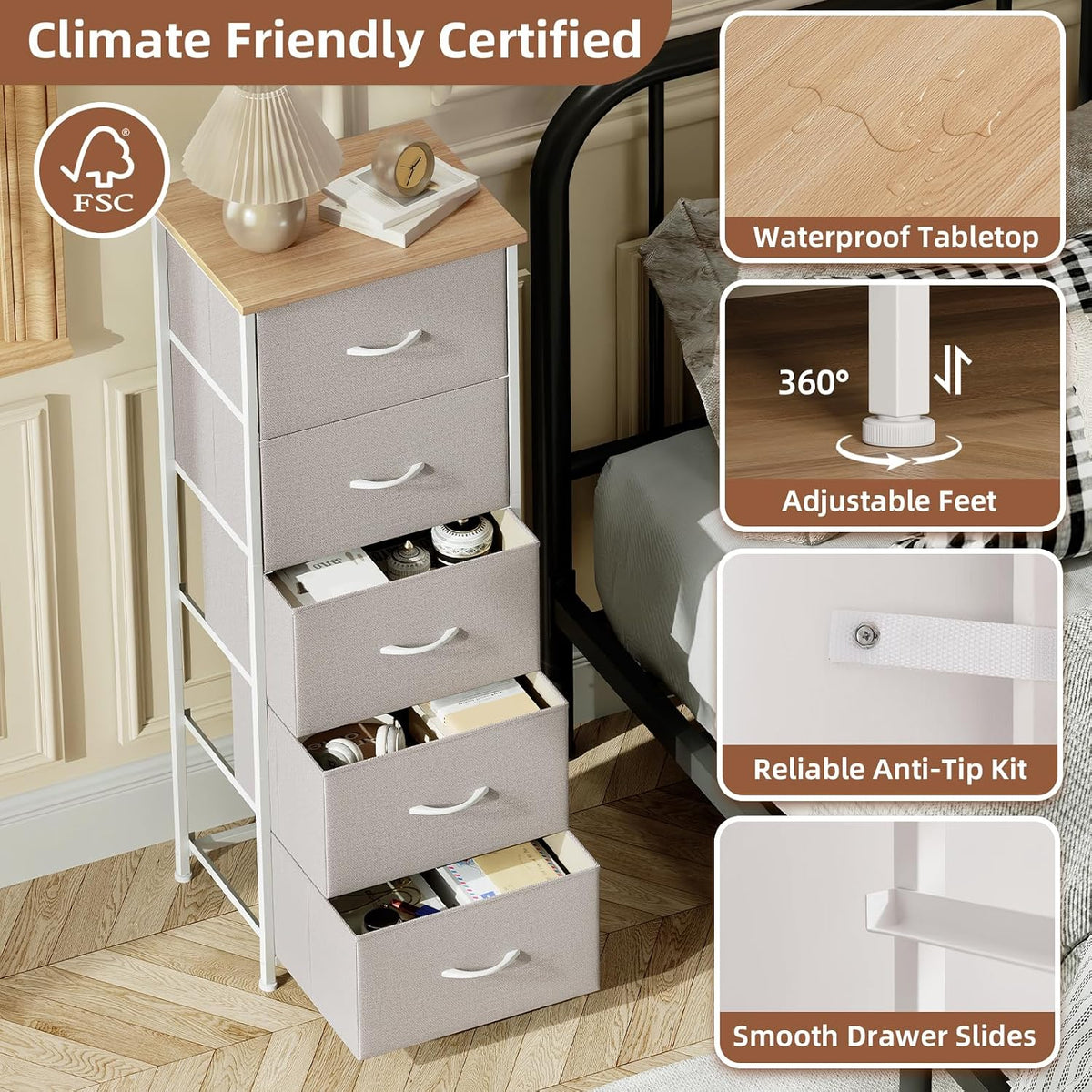 Somdot Tall Dresser for Bedroom, 5 Drawer Storage Cabinet, Ash Grey