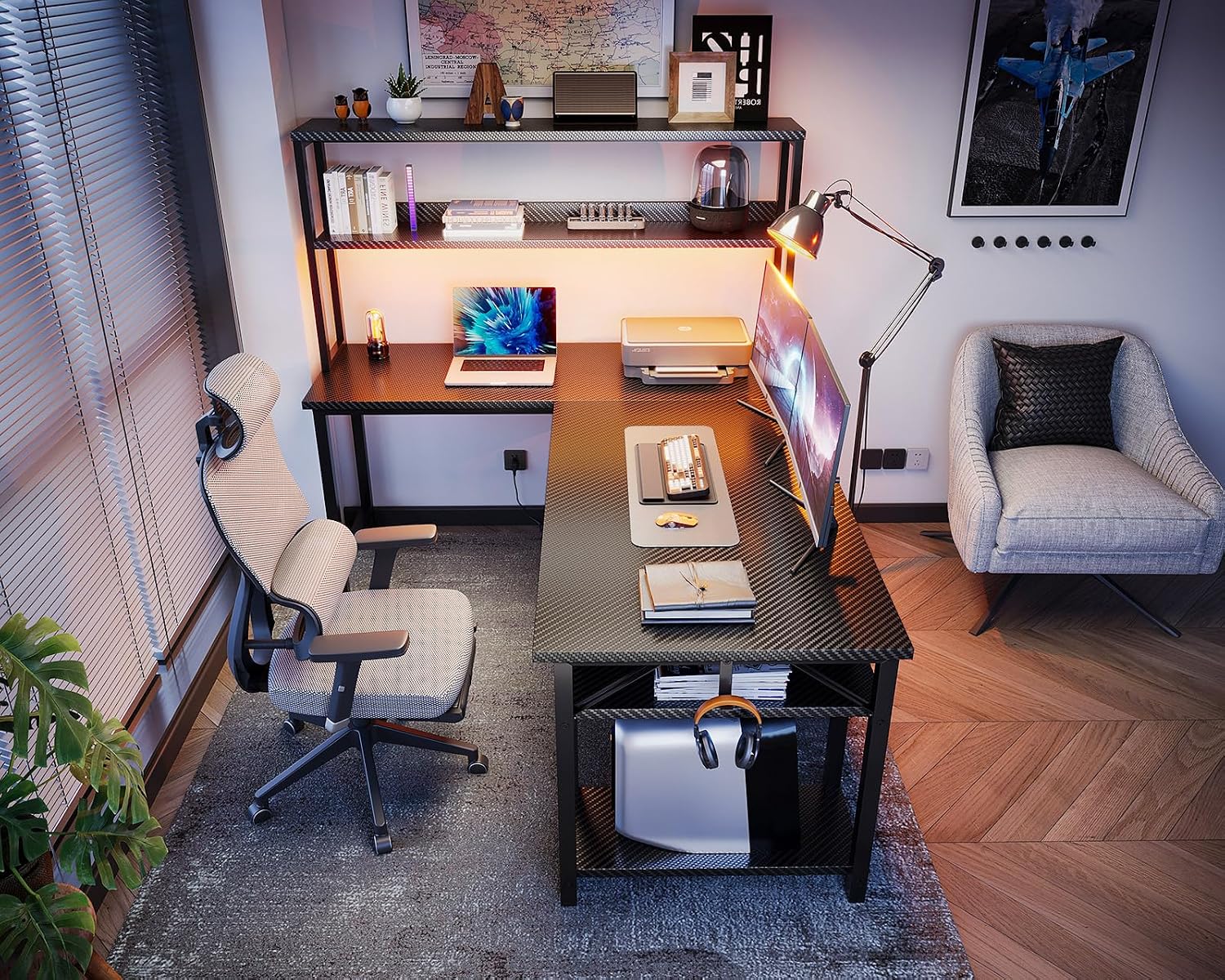 ODK 53 Inch L Shaped Gaming Desk with Hutch & Headphone Hook | Black Corner Computer Table with LED light & Storage Shelves for Home Office