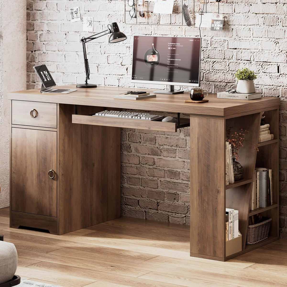 HSH Office Desk with Keyboard Tray, Computer Desk with Storage, 55 Inch