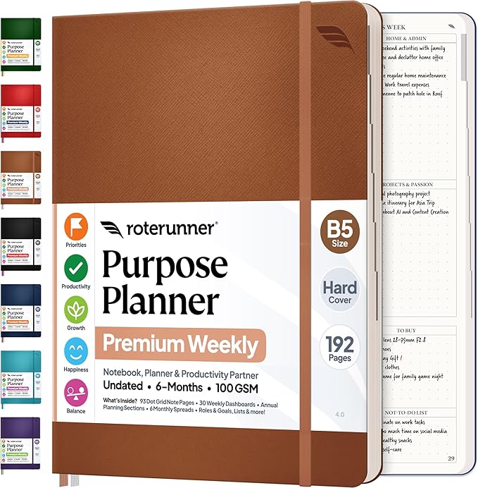 Roterunner Purpose Planner Notebook B5 7.5”x9.8” Undated 2026 Daily Weekly and by Roterunner