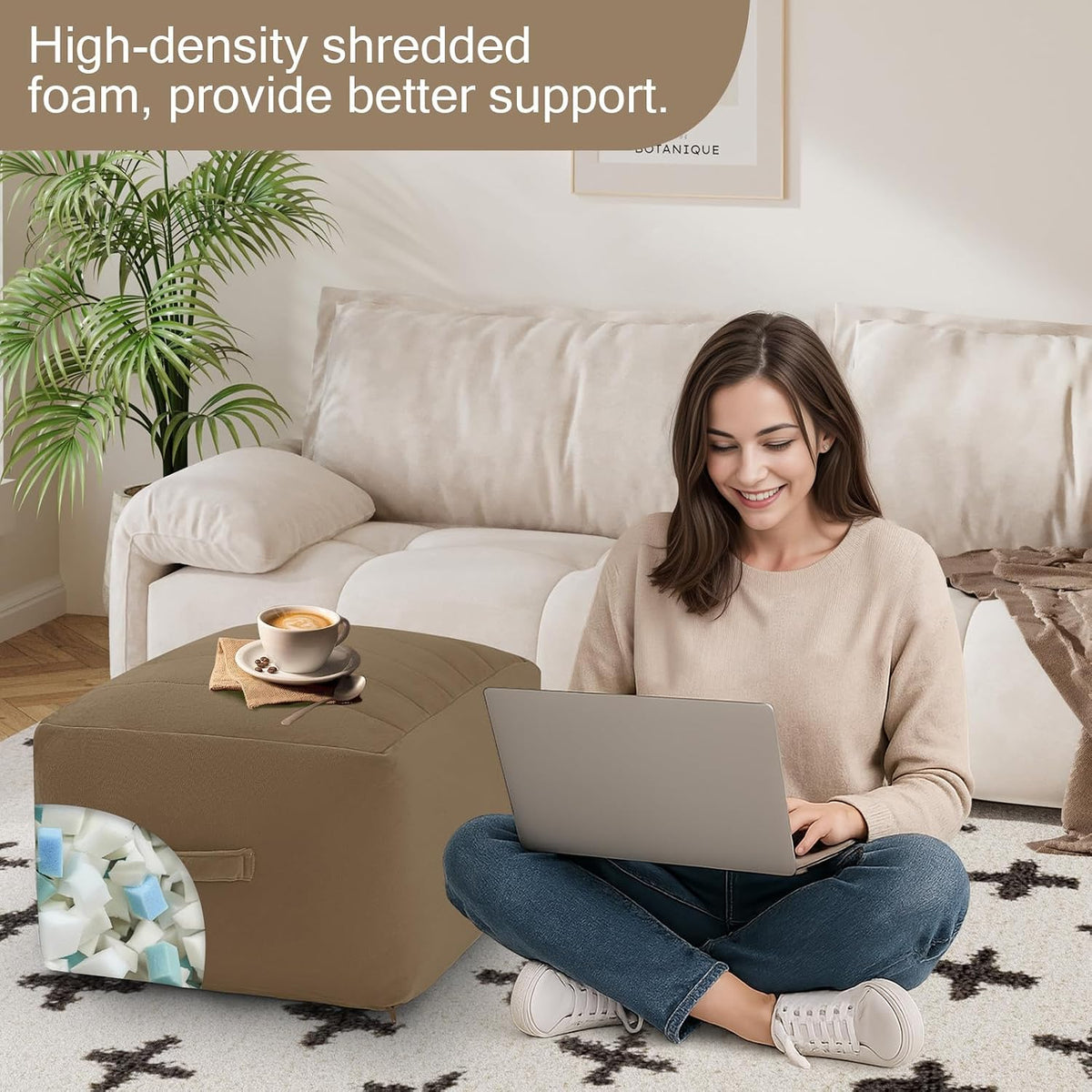 MeMoreCool Square Pouf Ottoman Foot Rest 20x20x15 Inches, Light Coffee