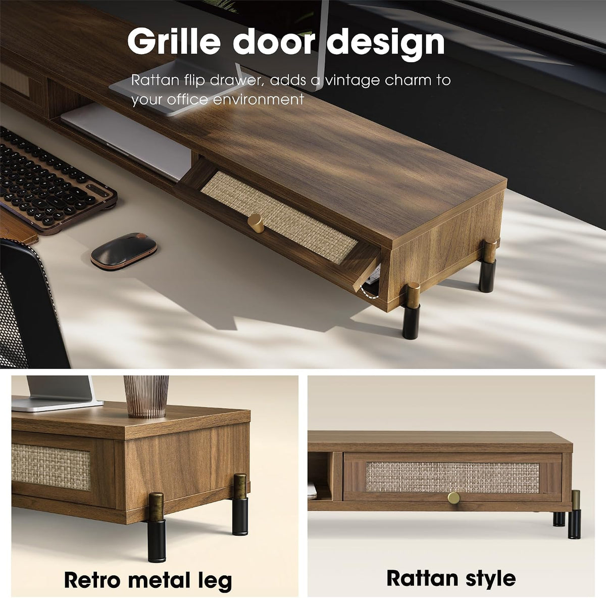 Fenge Dual Monitor Stand, Wooden Riser with Rattan Woven Flip Drawers