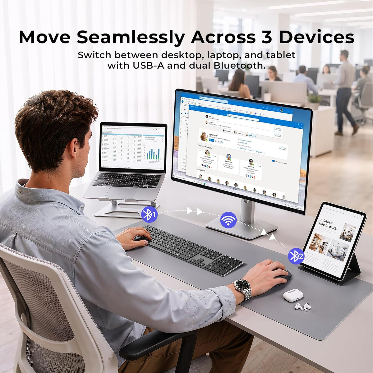 seenda SK64-3 Rechargeable Bluetooth Keyboard, 3-Device, Black Gray