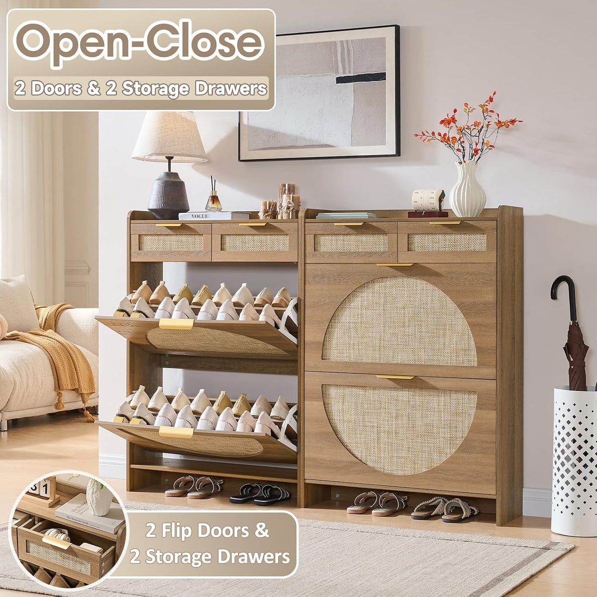 Rattan Shoe Storage Cabinet with 2 Flip Drawers & 2 Drawers, Freestanding...
