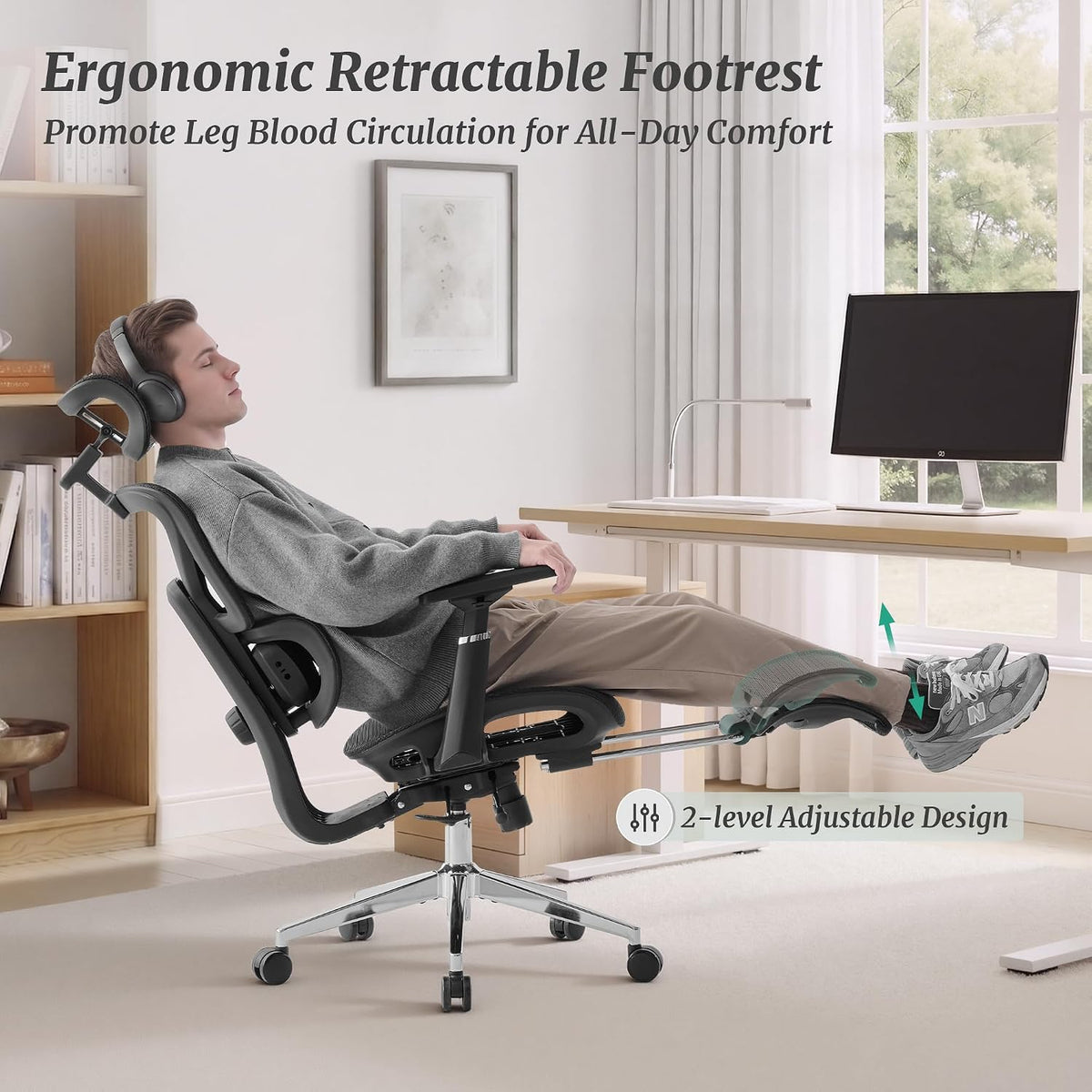 Cozyman Ergonomic Office Chair with Footrest - 5-Level Adjustable Lumbar Supp...
