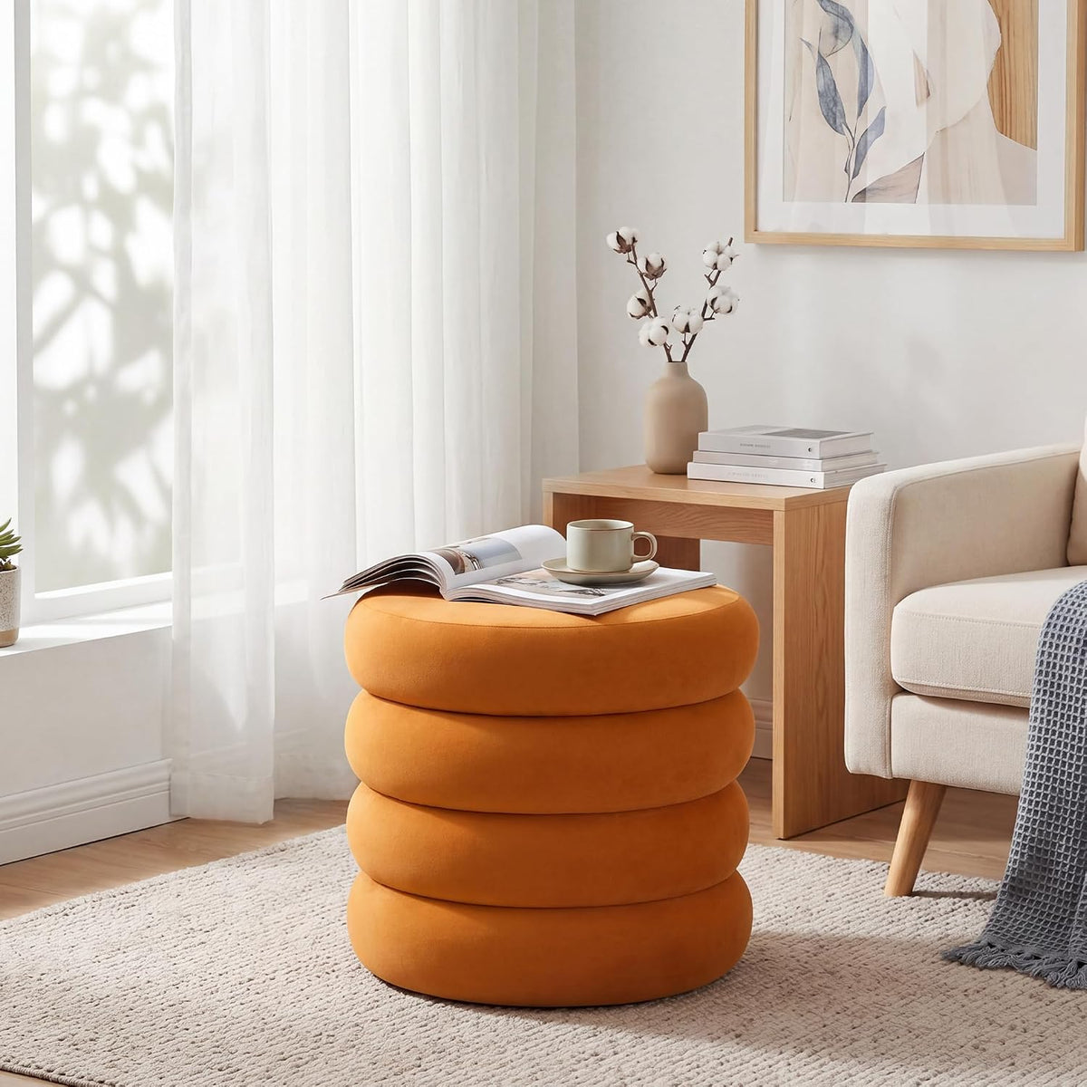 Round Velvet Storage Ottoman Set of 2, Tufted Vanity Stool for Dorm