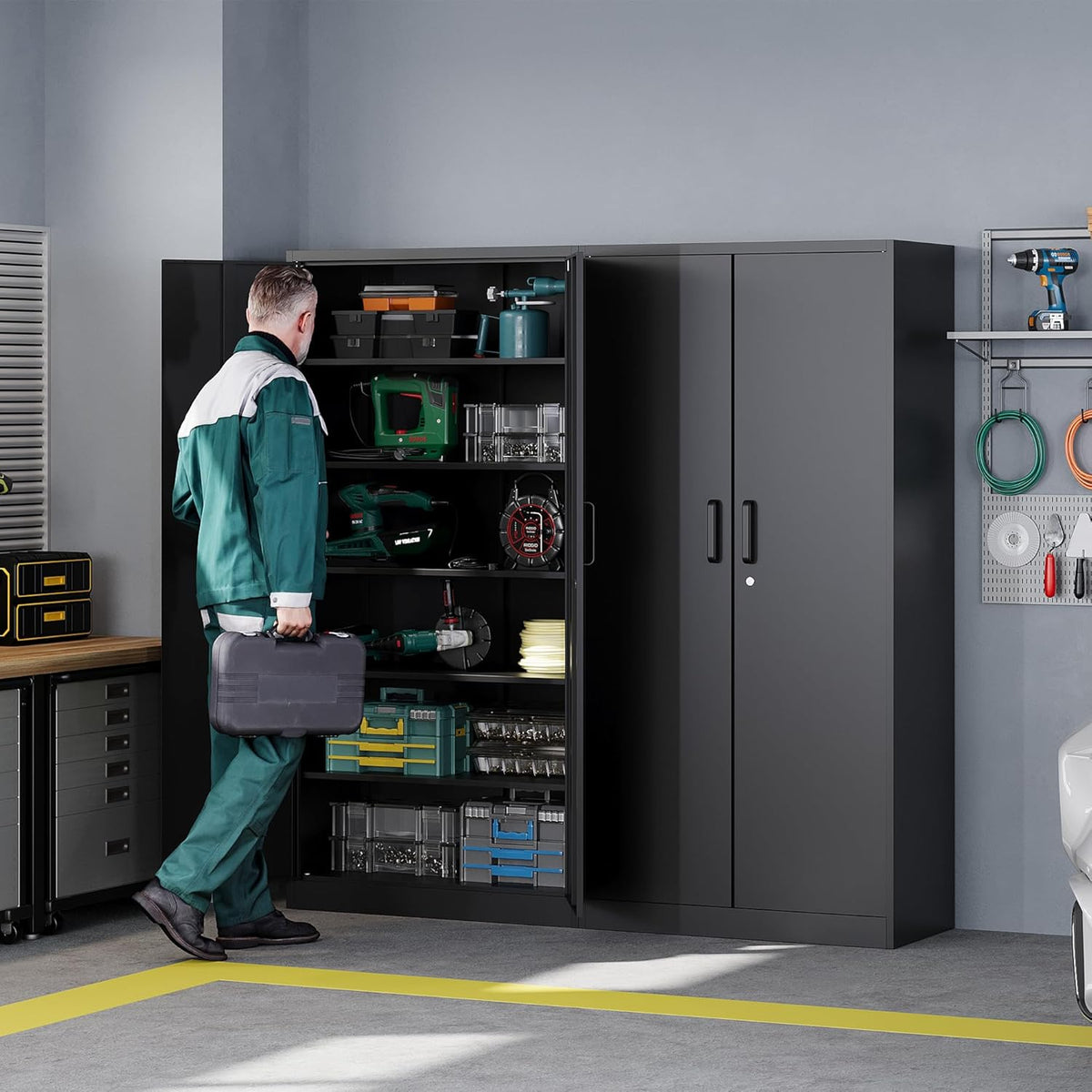 letaya metal garage storage cabinets with lock-72 tall shown in use