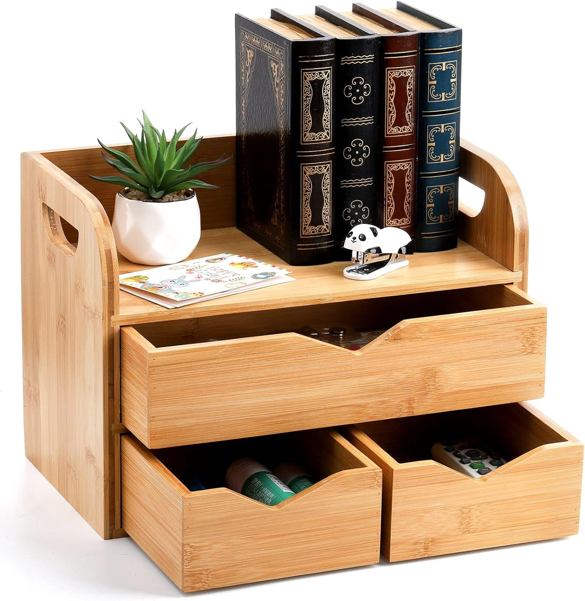 Hacaroa 3 Tier Bamboo Desktop Organizer with 3 Drawers, Tabletop Craft Box Co...