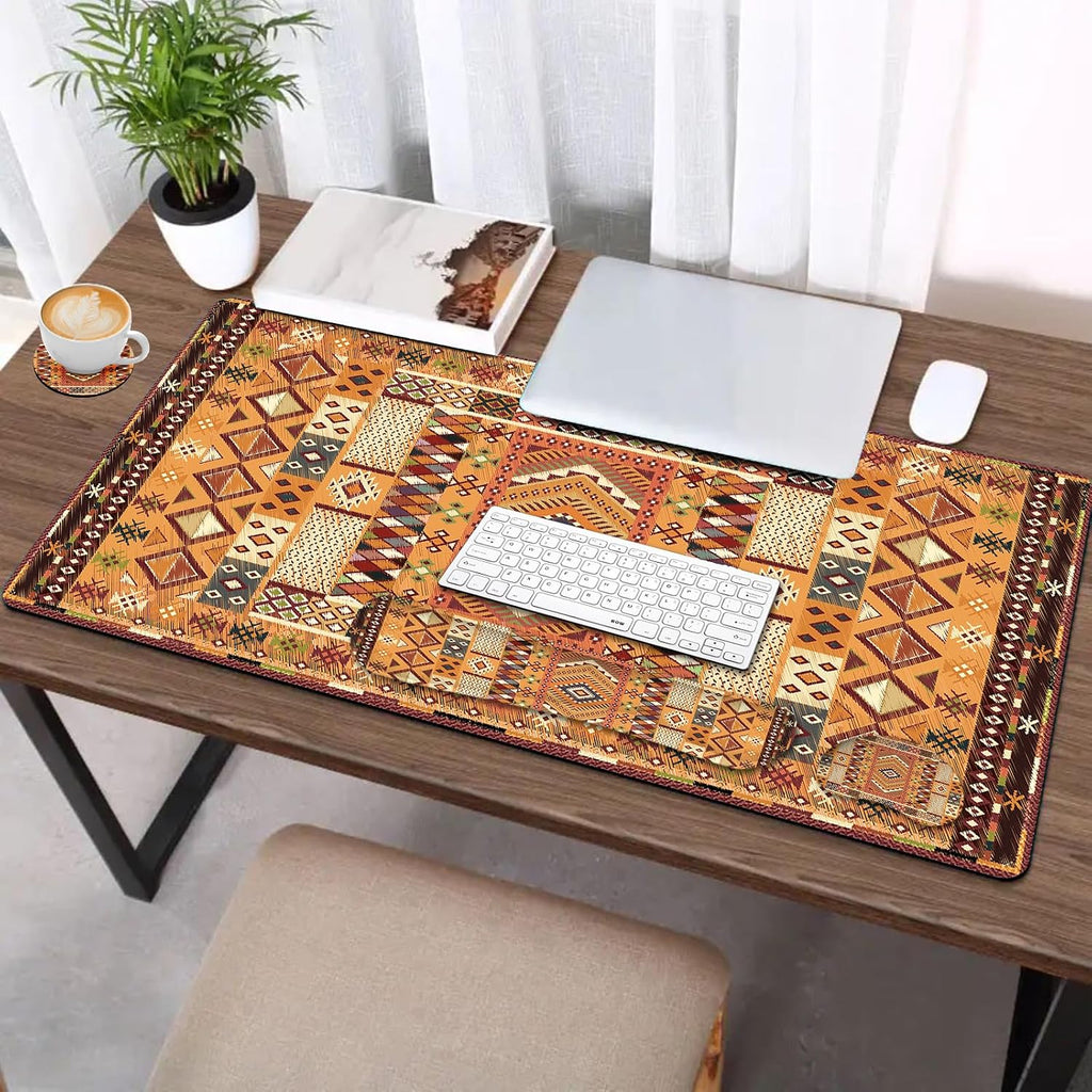 AIMSA Desk Mat Set, Large Mouse Pad + Mouse Wrist Rest + Keyboard Wrist Support + Coaster, Bohemian Style 4in1 Rug Gaming Mouse Pad Combo for Home Office, Orange