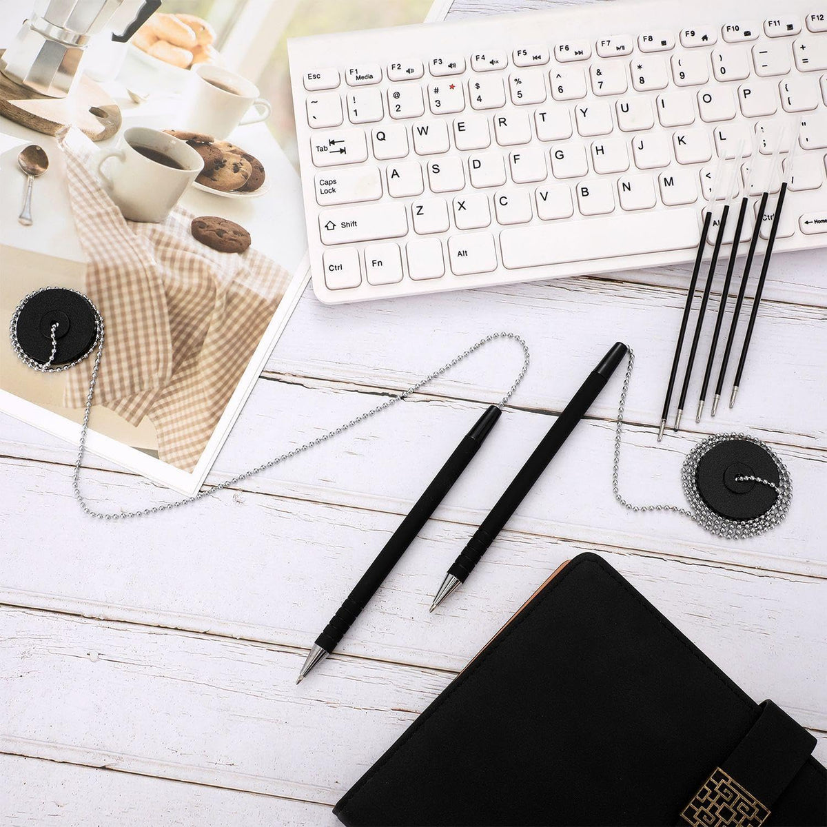 Outus 64 Pcs Security Pens with Bead Chain Holder, Counter Desk Pens Black