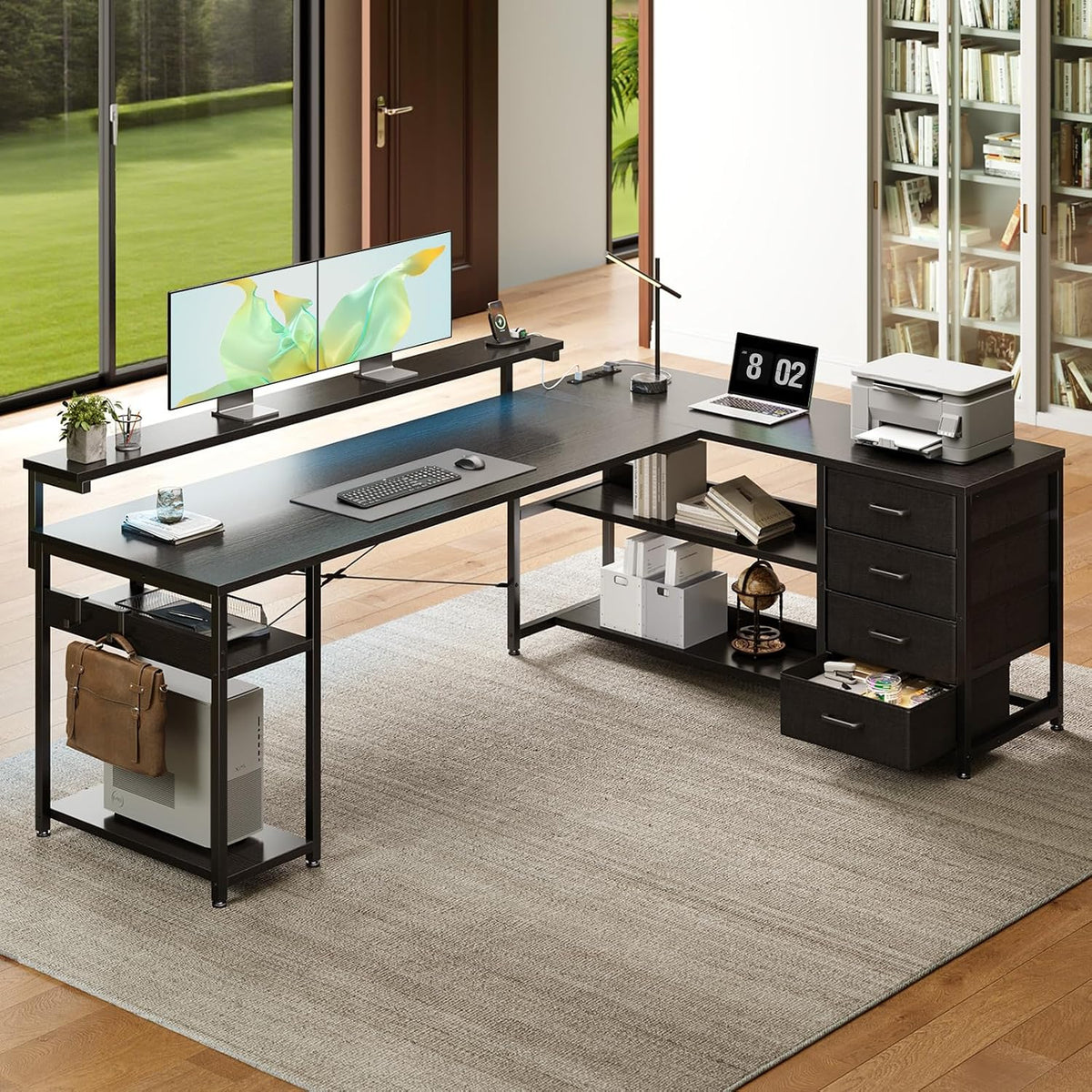 AODK 69" L Shaped Computer Desk with 4 Drawers, LED Lights, Black