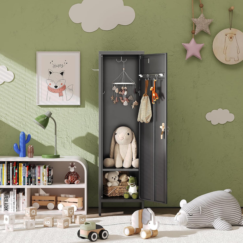 54" H Lockable Metal Storage Lockers with, Steel Locker Cabinet with Metal Hooks and 1 Adjustable Shelf for Home, School,Office, Assembly Required, Black