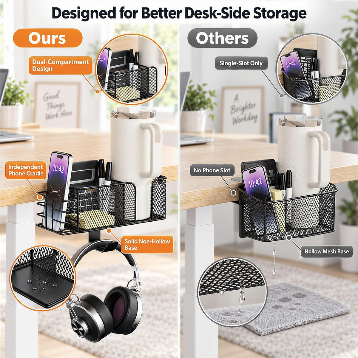 4-in-1 Clamp on Desk Cup Holder, Dual Compartment Mesh Organizer with Detacha...