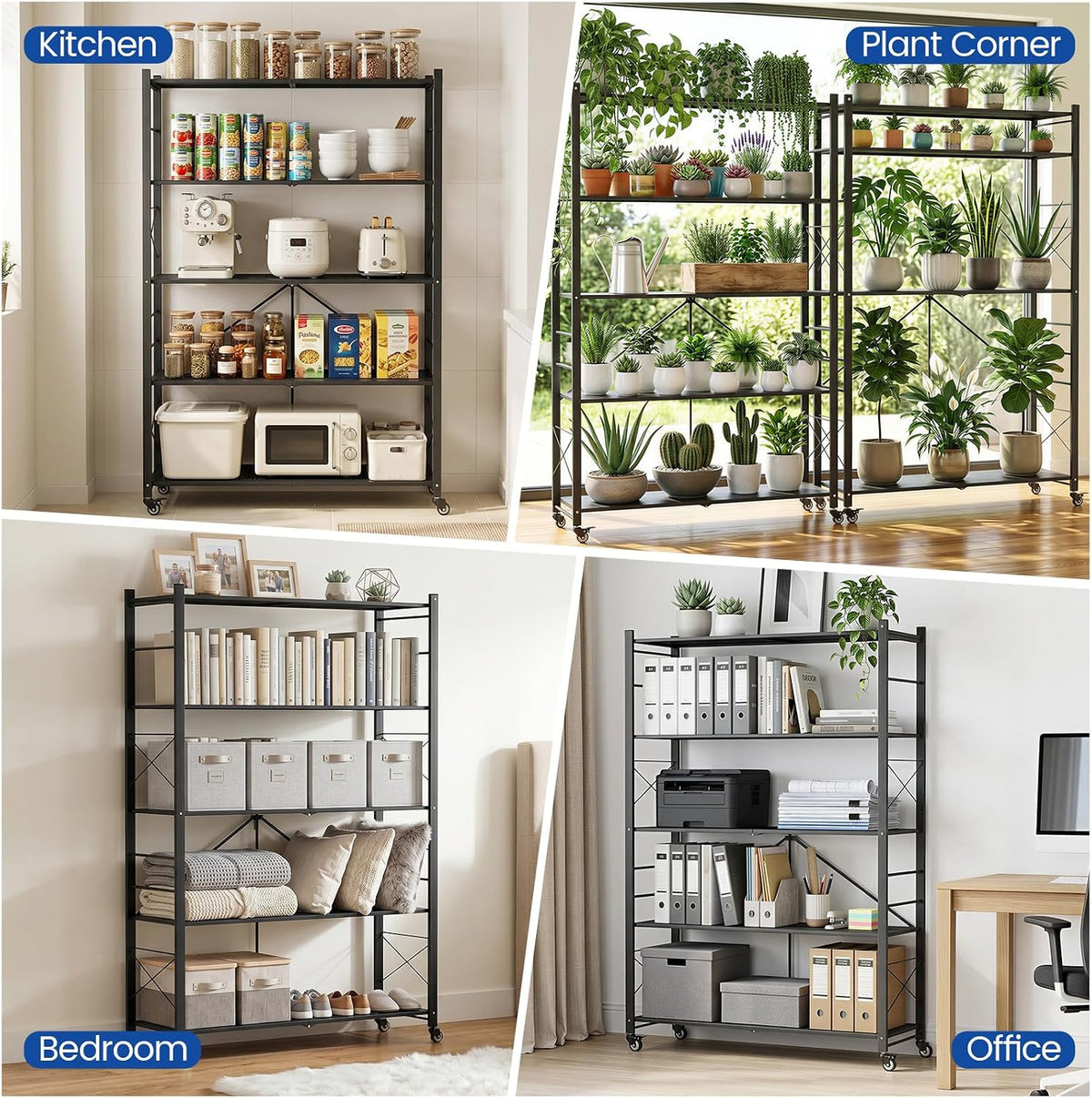 ALANNG 40" W Foldable 5-Tier Storage Shelves on Wheels Adjustable