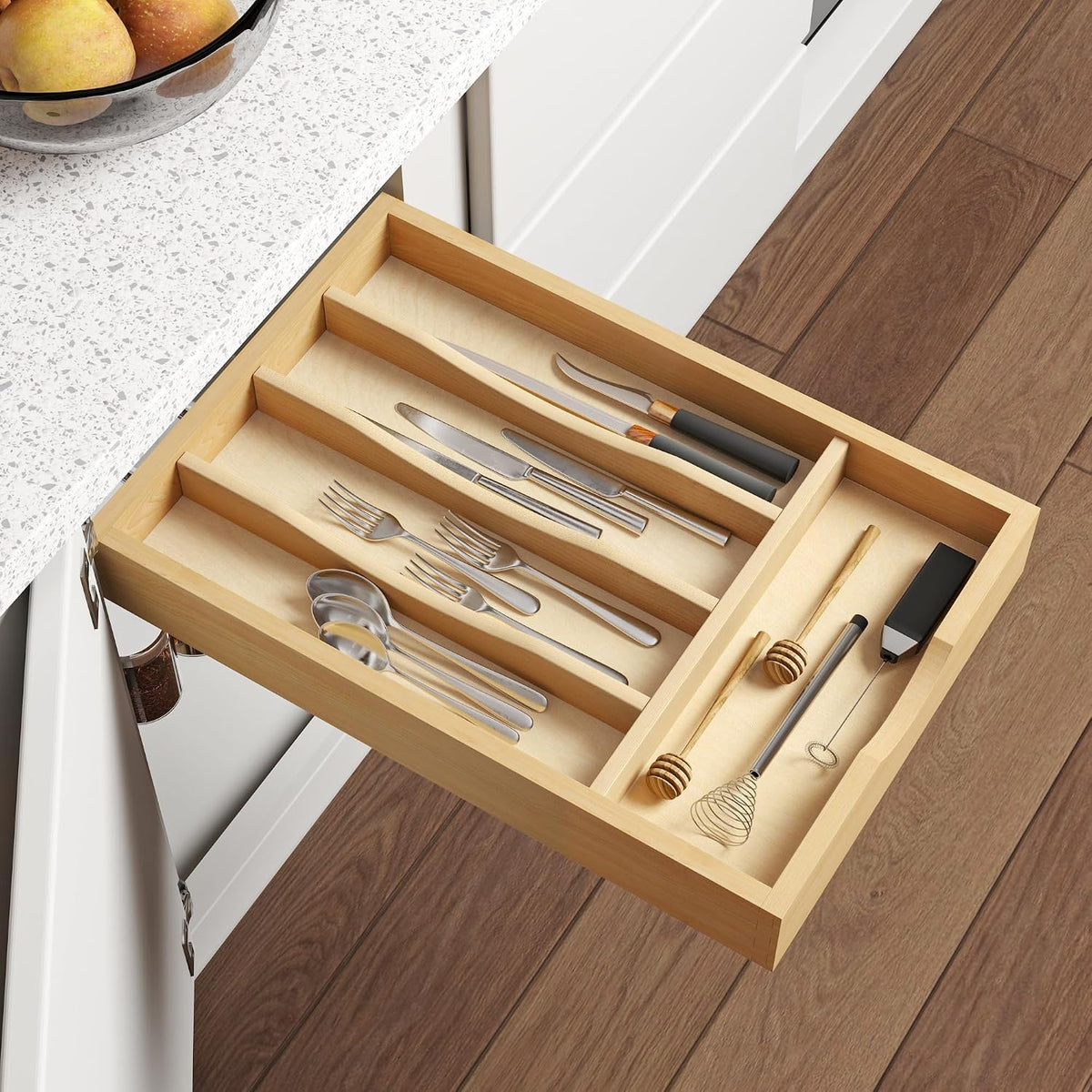 WelFurGeer Solid Birch Wood Silverware Drawer Organizer, Wooden Cutlery Drawe...