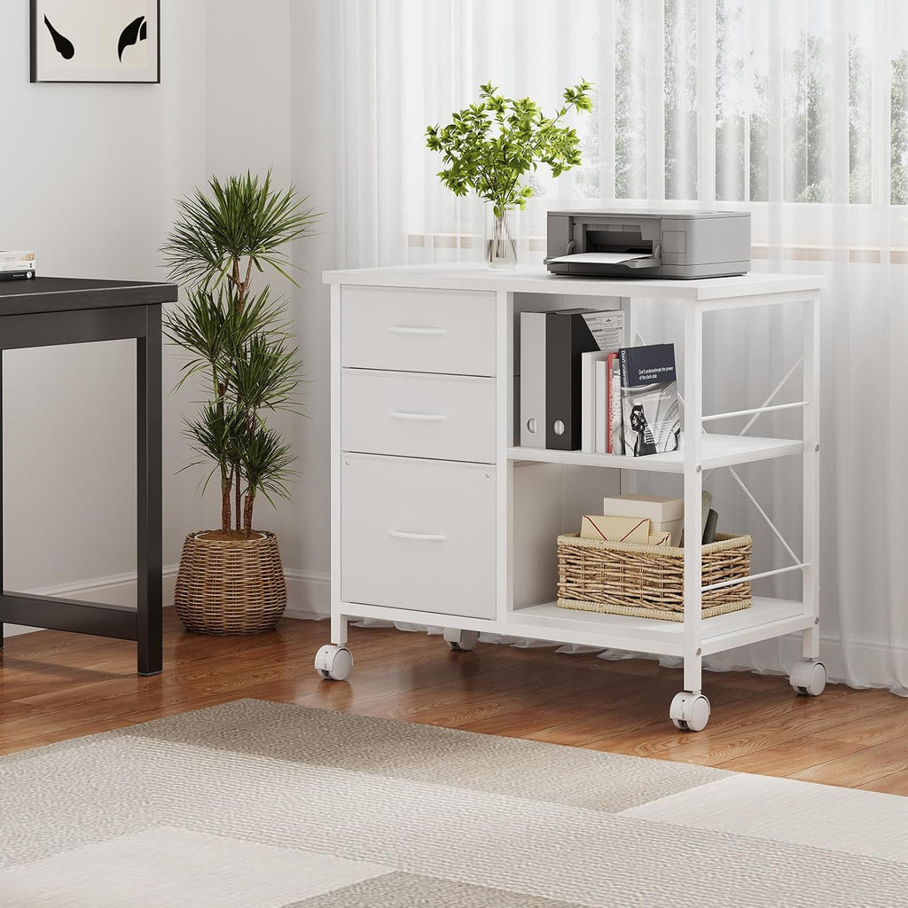 DUMOS 3 Drawer Mobile File Cabinet, Space Saving Rolling Printer Stand | Freestanding Fabric Lateral Filing Cabinet Fits A4/Letter Size, Printer Cart with Open Storage Shelf for Home Office, White