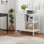 DUMOS 3 Drawer Mobile File Cabinet, Space Saving Rolling Printer Stand | Freestanding Fabric Lateral Filing Cabinet Fits A4/Letter Size, Printer Cart with Open Storage Shelf for Home Office, White