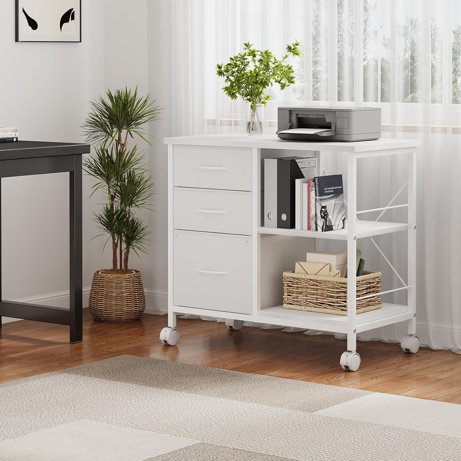 DUMOS 3 Drawer Mobile File Cabinet, Space Saving Rolling Printer Stand | Freestanding Fabric Lateral Filing Cabinet Fits A4/Letter Size, Printer Cart with Open Storage Shelf for Home Office, White