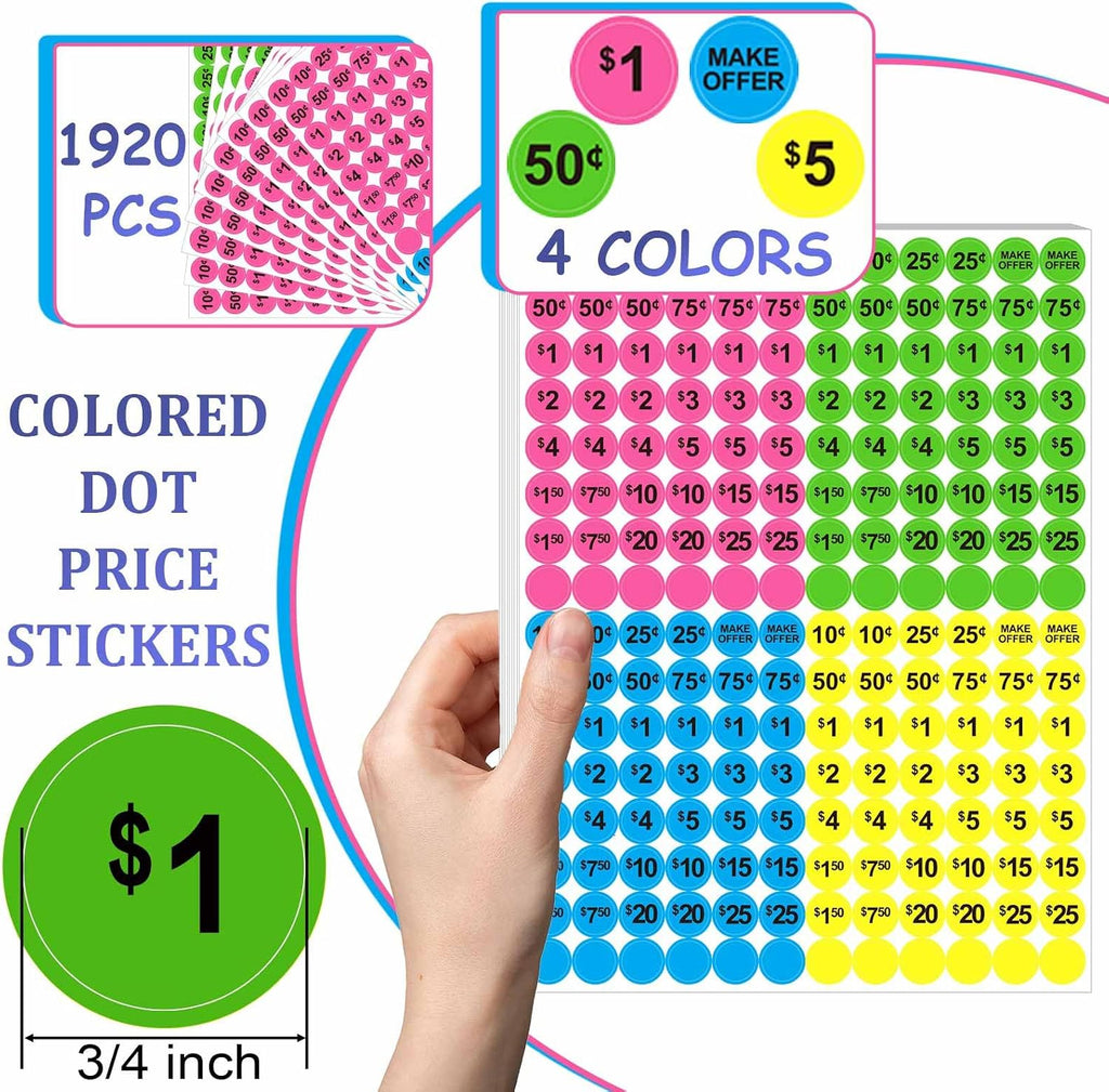 Dreecy Yard Sale Price Stickers Garage Sale Pre-Priced Price Tag Labels, 1920 PCS 3/4" Diameter Flea Market Pre-Printed Pricing Stickers for Retail,Bright Neon Colors (Pink Green Blue Yellow)